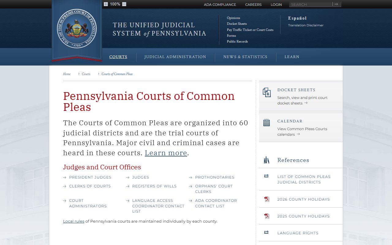 Chester County court dockets Court of Common Pleas overview