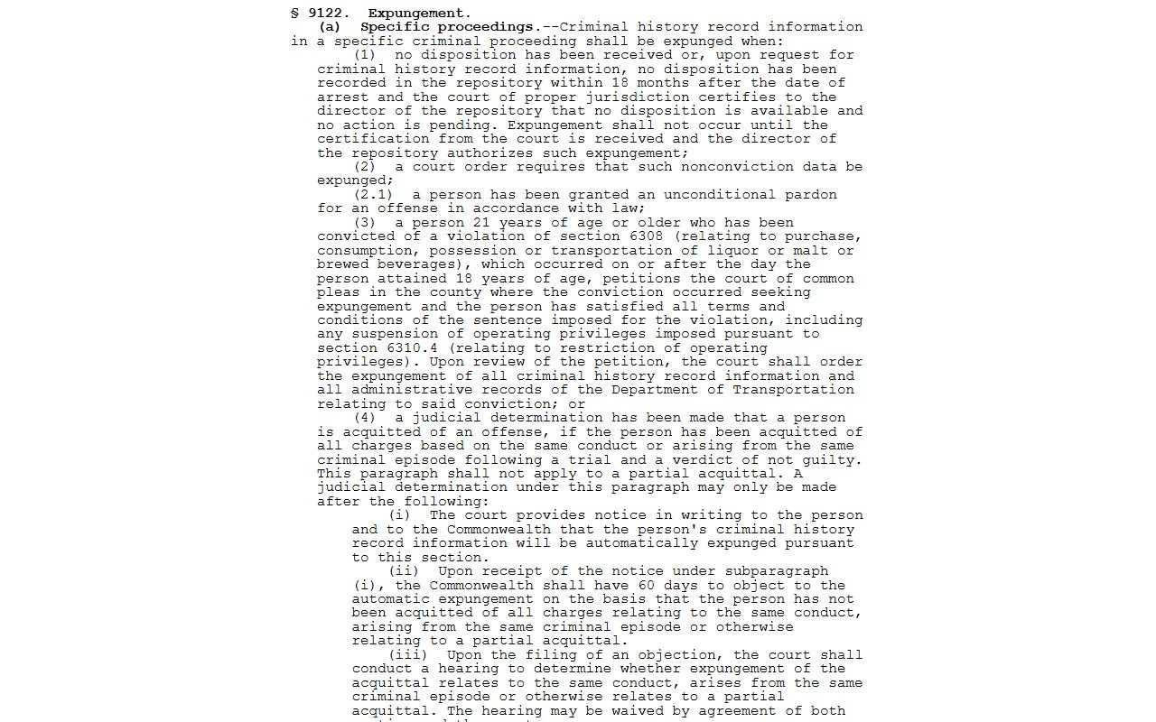 Chester County criminal court records Pennsylvania expungement statute