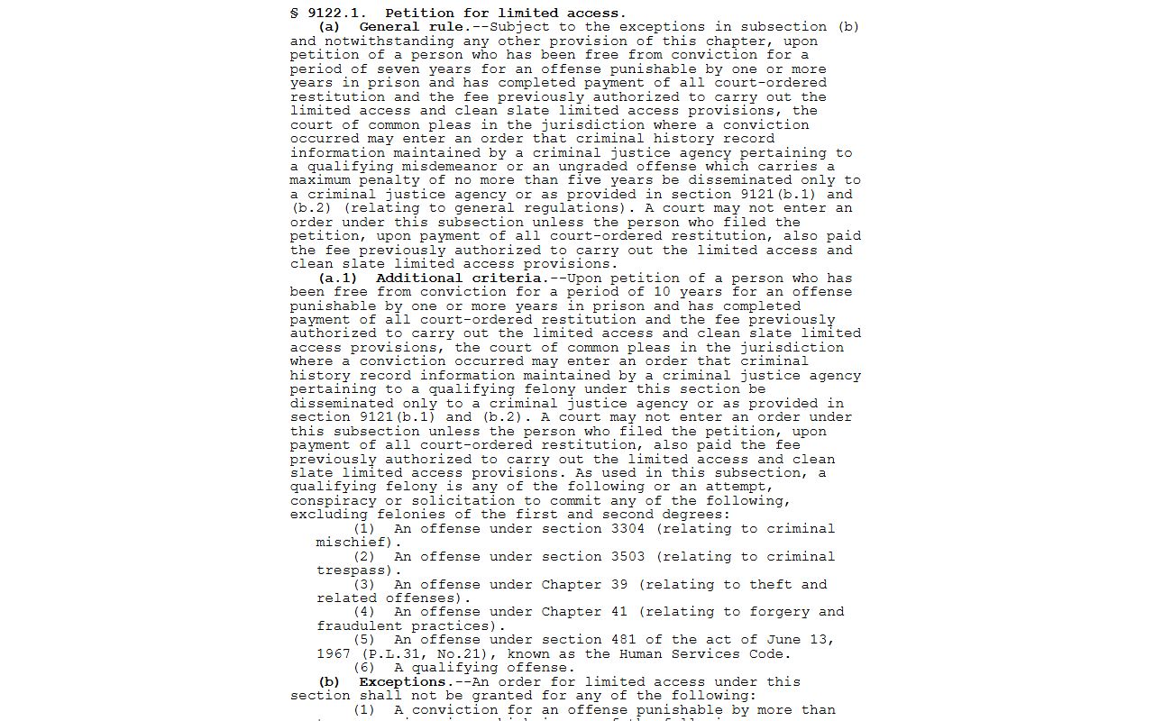 Chester County criminal court records Pennsylvania limited access statute