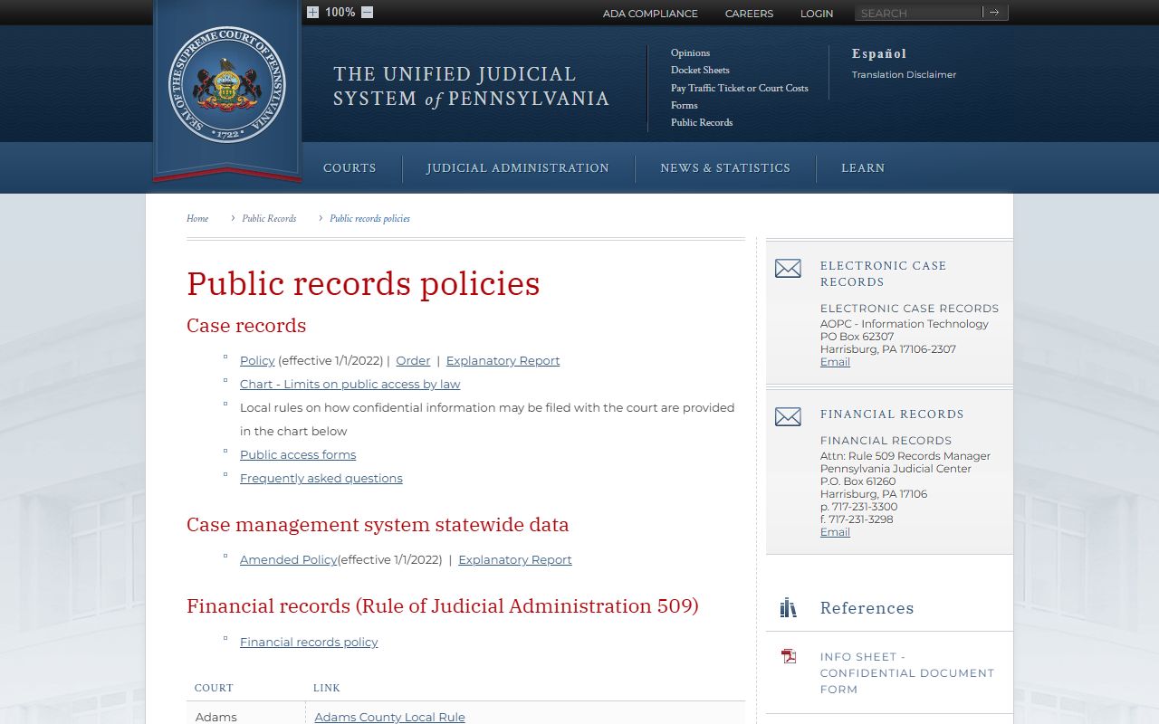 Chester County court records Pennsylvania judiciary public access policy