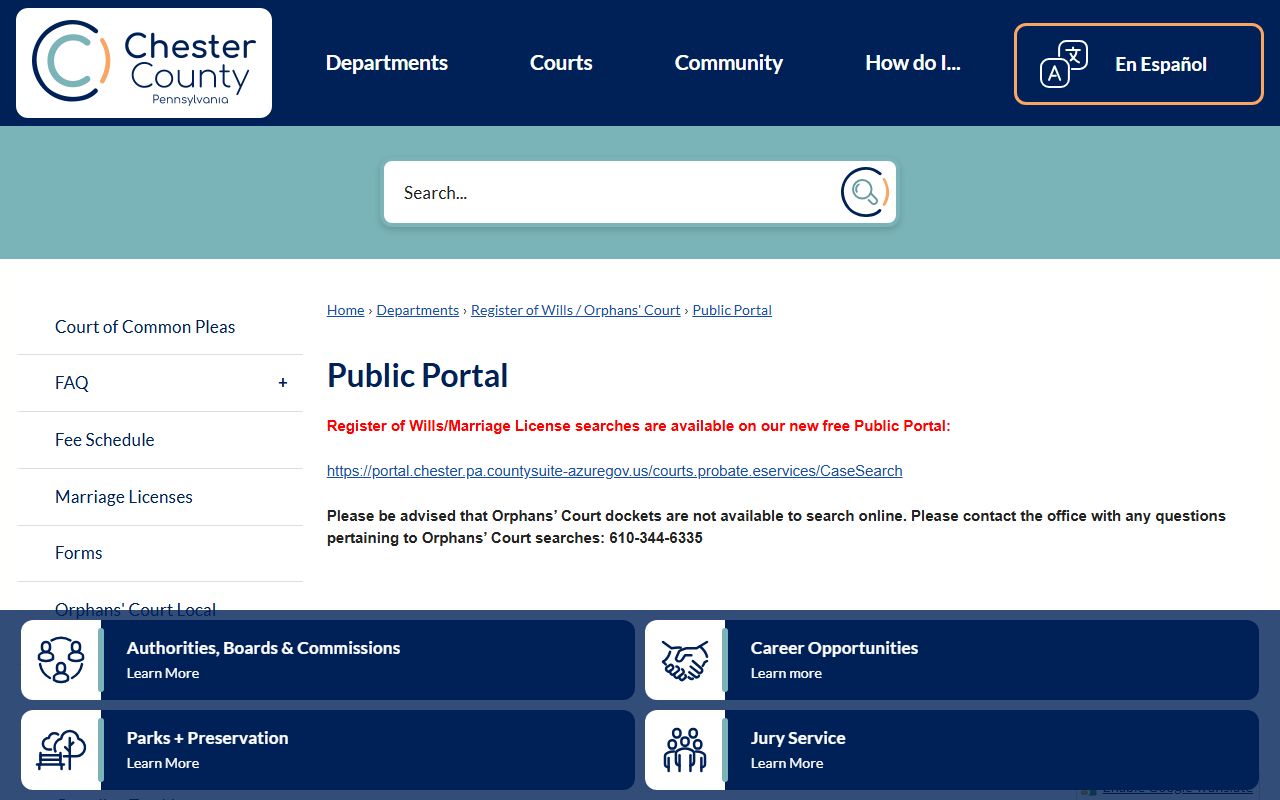 Chester County Orphans' Court public portal search caveat