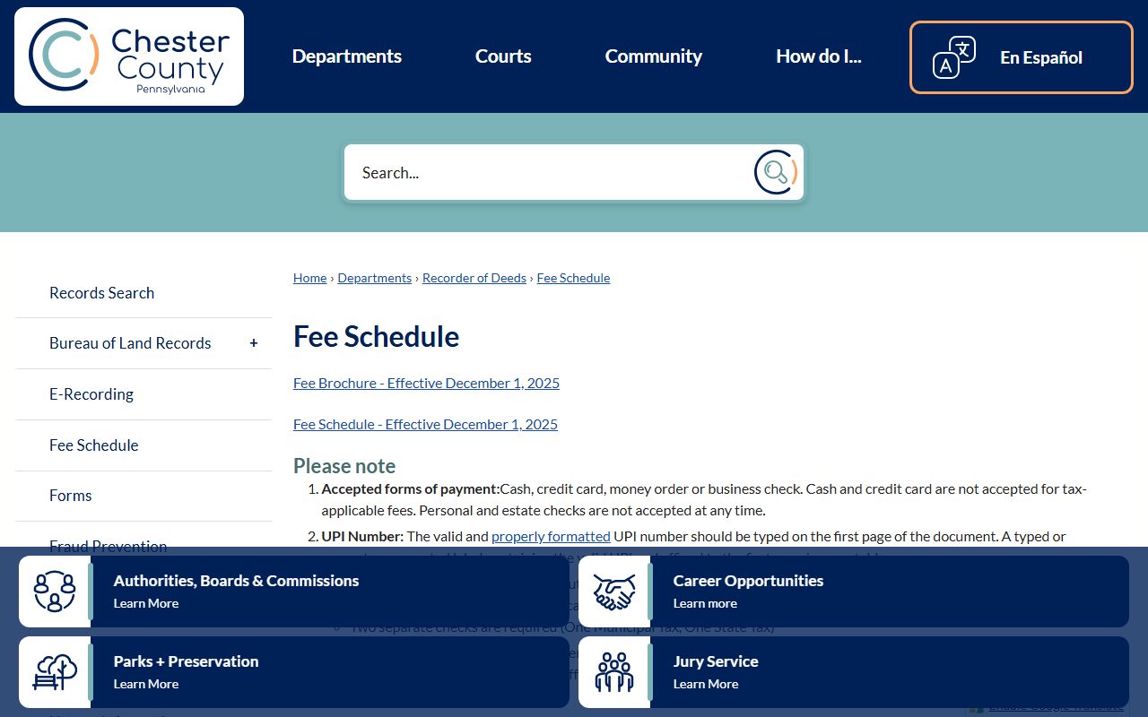 Chester County Prothonotary related county fee schedule records
